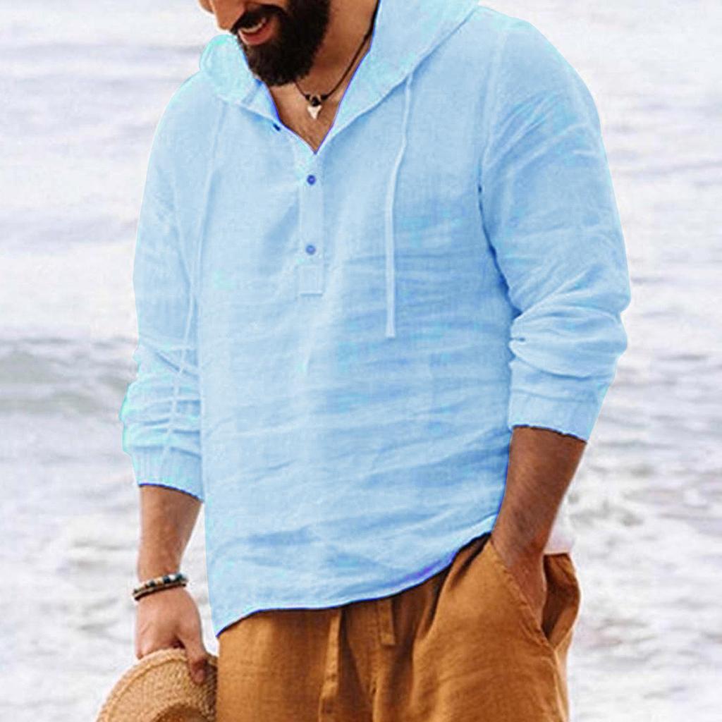 Мужские рубашки с капюшоном, однотонные топы с длинными рукавами, повседневные пуговицы, хлопок и лен, винтажные летние пляжные рубашки