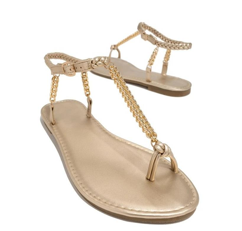 Мода Новые женские летние женские сандалии с ремешком на щиколотке Пляжные шлепанцы Модные золотые плоские римские женские сандалии Sandalias De Mujer