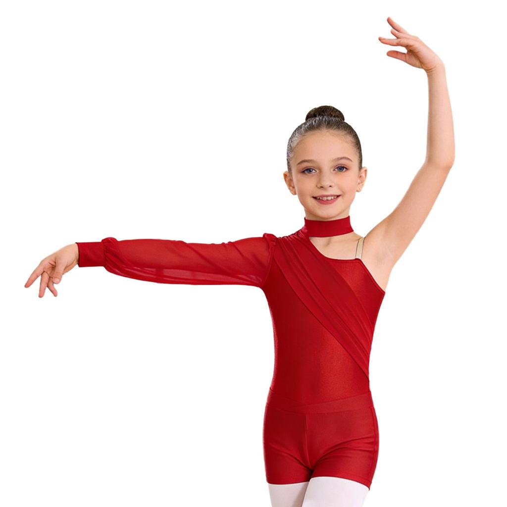 Girls One Shoulder Long Sleeve Ruched Mesh Leotard Figure Skating Gymnastics Outfit