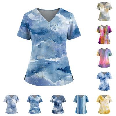 Женский топ с градиентным принтом, V-образным вырезом, двойным карманом, короткими рукавами, разрезом по низу, униформа для ухода