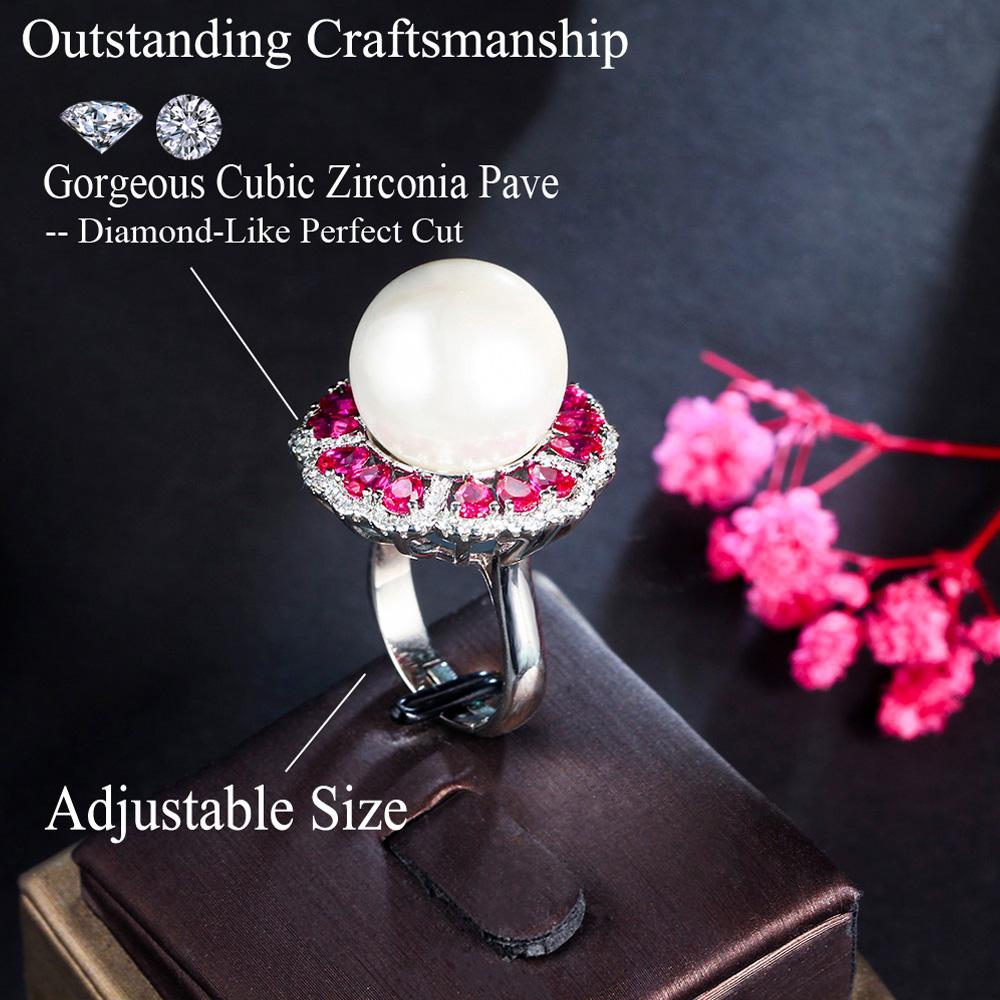 Ювелирные изделия CMM Красивый шикарный красный цирконий цветок круглый массивный большой регулируемый искусственный жемчуг кольцо для женщин праздничная одежда ювелирные изделия