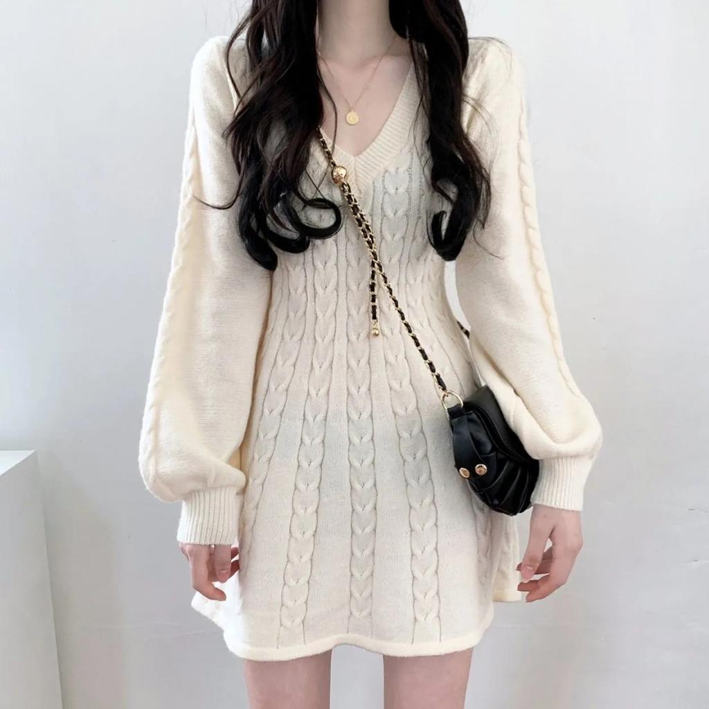 Вязаный вязаный свитер, мини-платье, женские повседневные короткие платья с рукавами-фонариками, осенне-зимняя одежда с v-образным вырезом, женская одежда