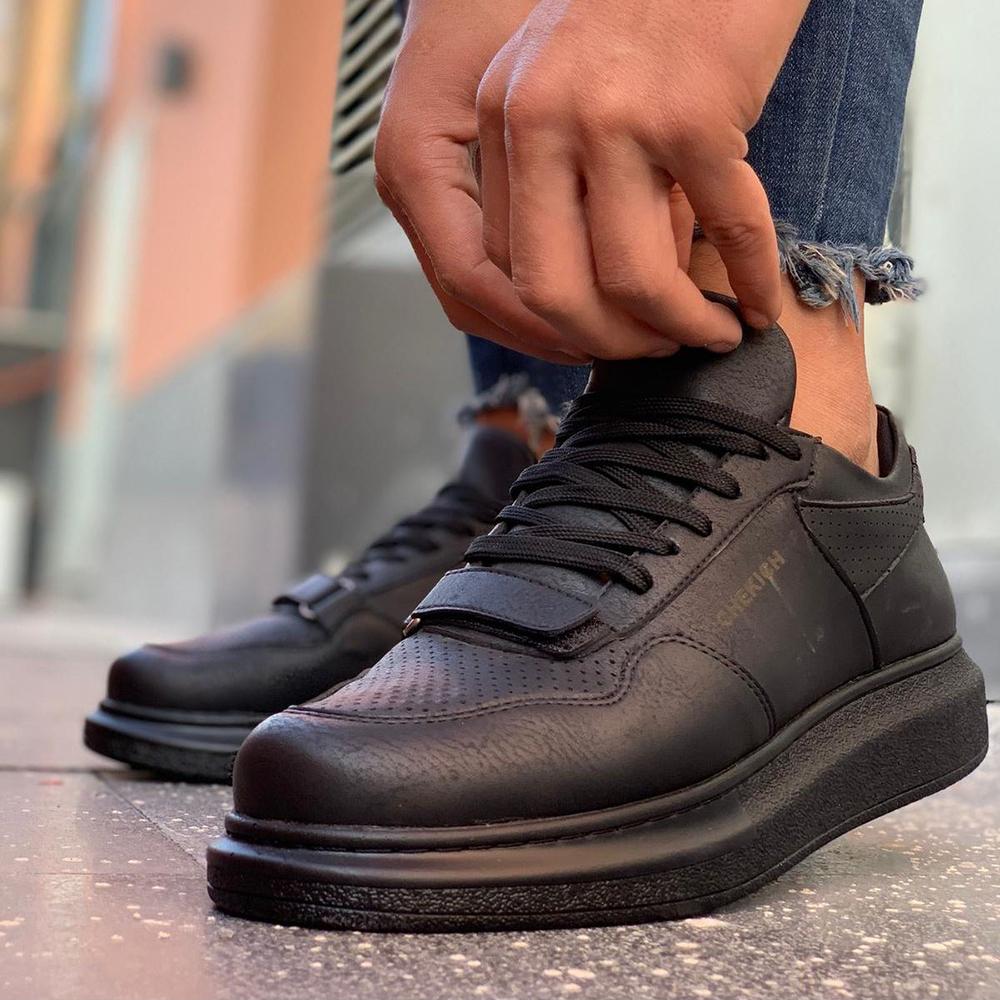 Chekich Мужская обувь. Повседневная обувь. Черный цвет. Искусственная кожа на шнуровке. Весенние и осенние сезоны. Вулканизированная лента на липучке. Белая высокая подошва. CH073.