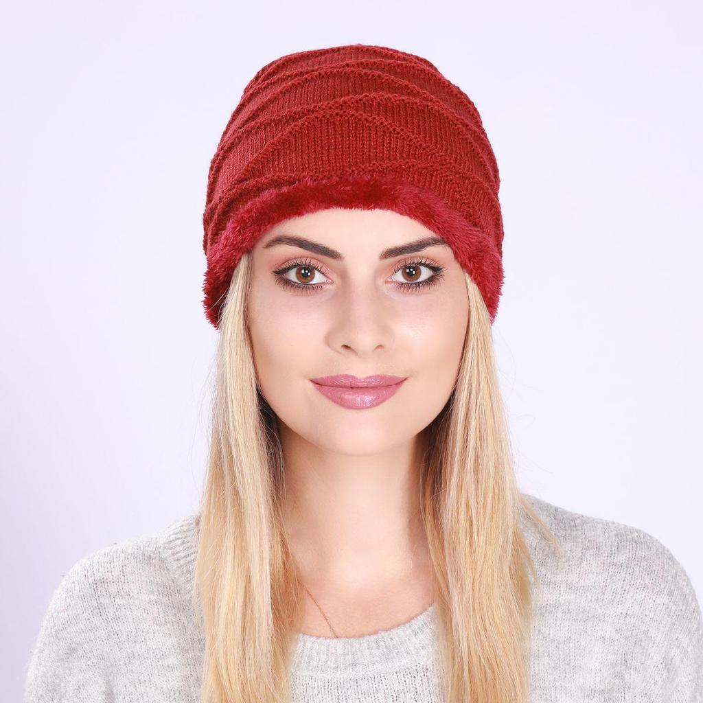 Autumn Winter Pleated Plush Women's Pullover Knitted Wool Wavy Moon Ear Protection Hat