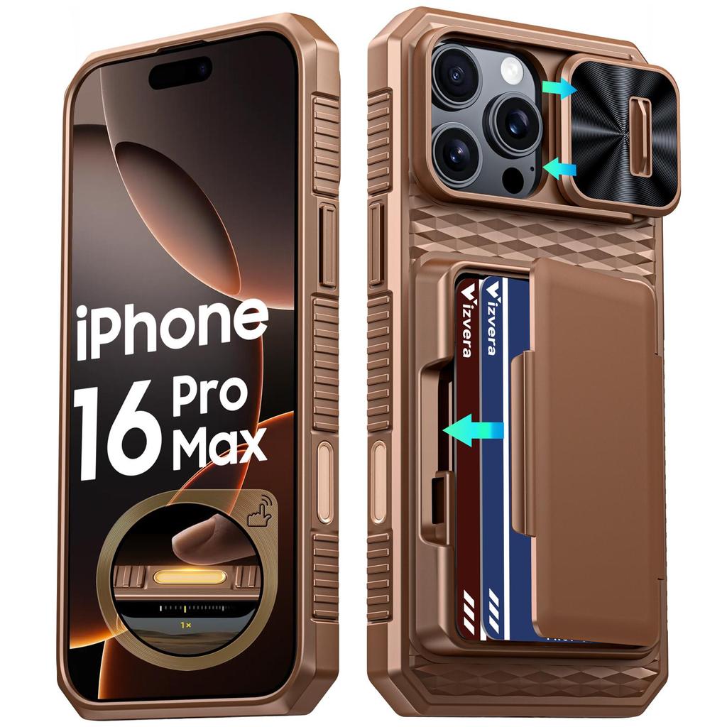 With Card Holder Sliding Camera Cover And Stand For iPhone 16 Pro Max Phone Case, Anti-Fall PC+TPU Wallet Case-Purple