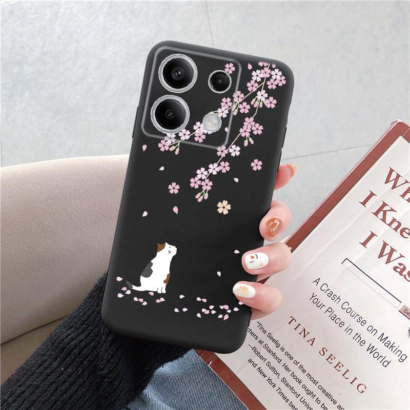 Чехол для телефона Redmi 13C 4G 12C A3 A2 A1 Plus Note 13 Pro для Xiaomi 14 Poco C65 X6 X3 Pro противоударный бампер с цветочным котом и мраморным рисунком, черный чехол