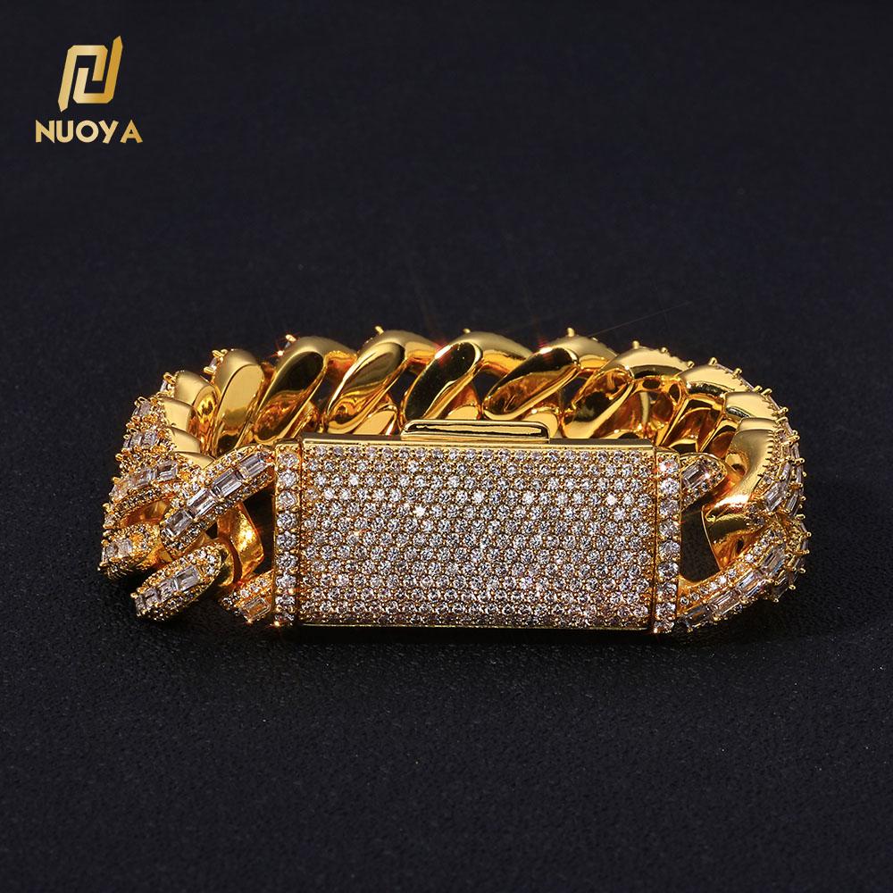 NUOYA Flip Lock Cuban Bracelet 18mm 18K Gold Plated Iced Baguette Cut Zircon Hip Hop Heavy Duty Jewelry
