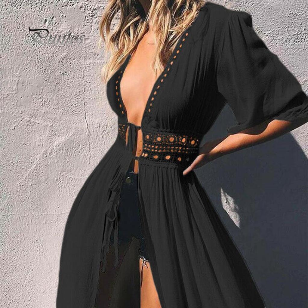 Women Solid Color Hollow Smock Long Bikini Cover Up Lacing Cardigan Beachwear