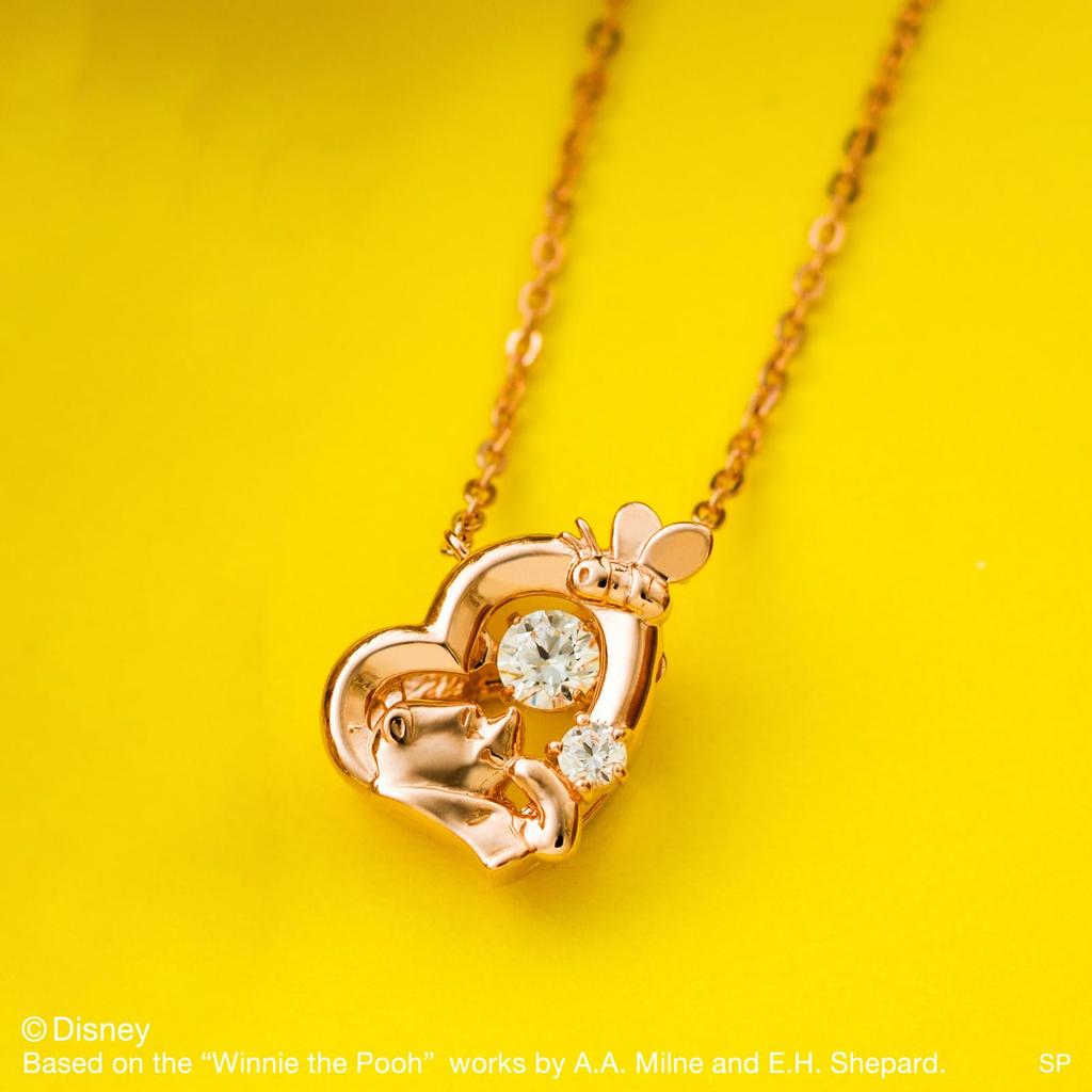 Белый Клевер Винни-Пух Танцующий Камень Стерлинговое Серебро Кубический Розовый Ожерелье, Дисней, Серебро, Цирконий, Сердце, Золото, DISS011PG, Женское