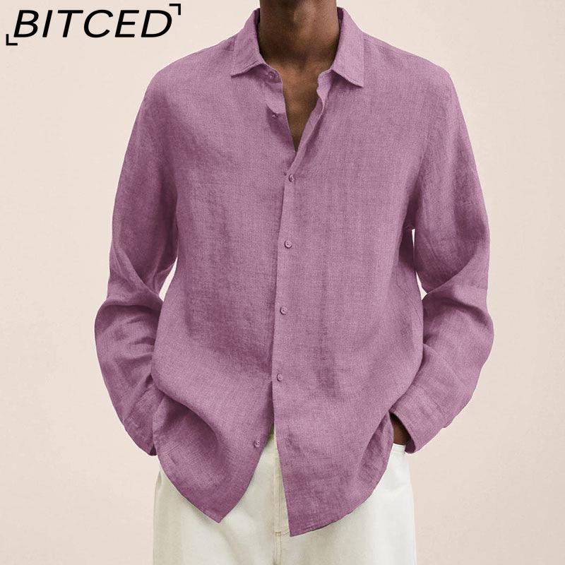 BITCED Кардиган-рубашка на пуговицах с длинным рукавом, свободного кроя, из смесовой хлопково-льняной ткани, для мужчин, на все сезоны