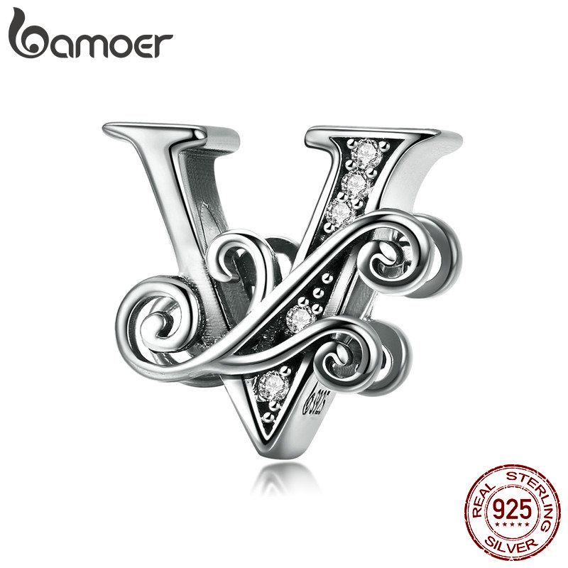 BAMOER Genuine 925 Sterling Silver Letter V Alphabet Beads Charms Fit Charm Bracelets & Bangles DIY