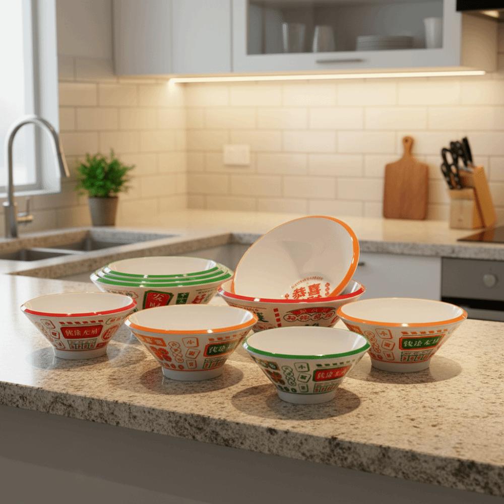 Thickened Melamine Noodle Bowl Imitation Porcelain Chinese Style Ramen Bowl Round Blessing Conical Rice Bowl Cafeteria