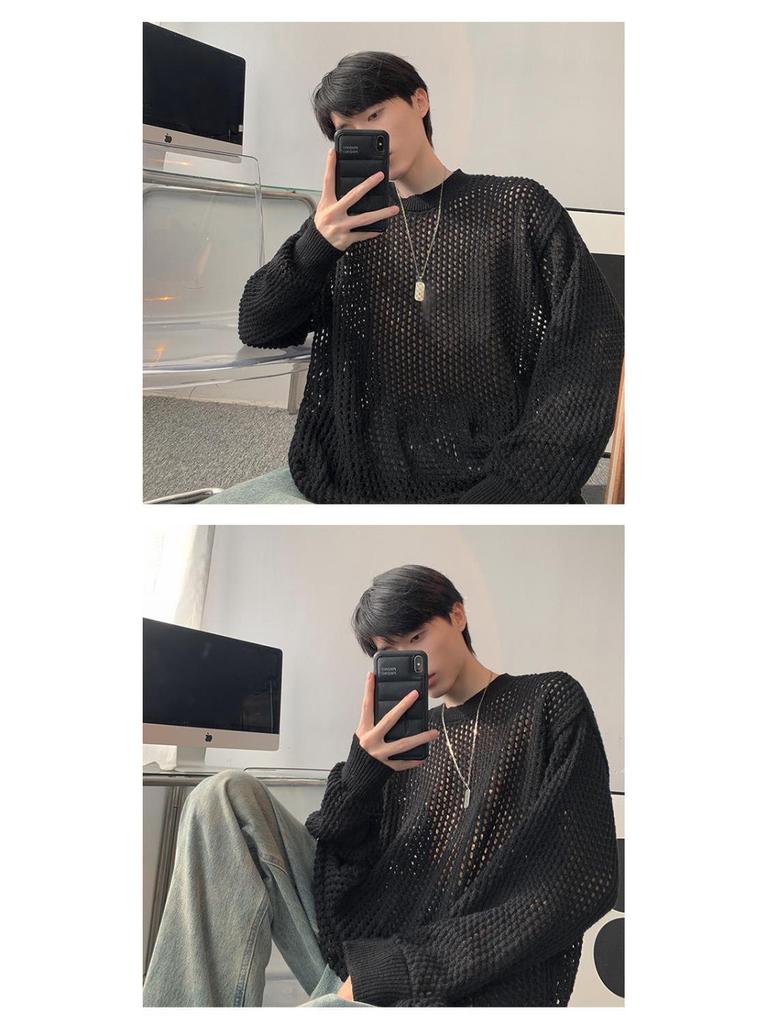 Men's Summer Thin Grid T-Shirt: Trendy Hong Kong Style, Hollow Knit, Long Sleeve, Round Neck Cover-Up
