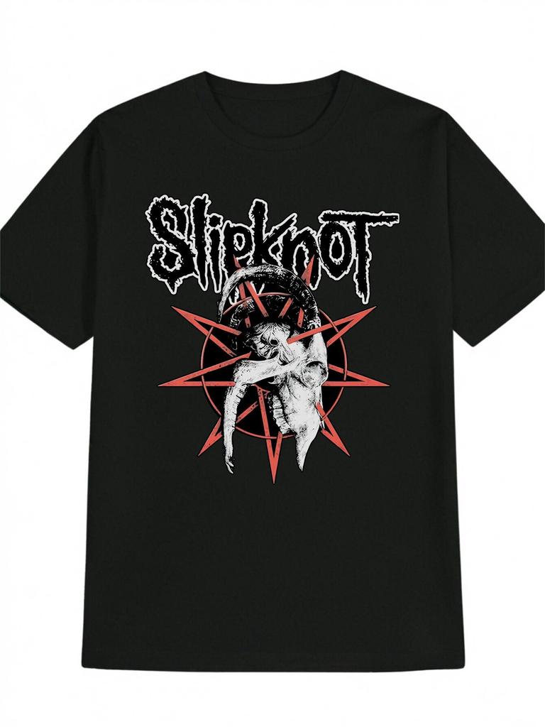 Black Slipknot Graphic T-shirt - Casual Crew Neck