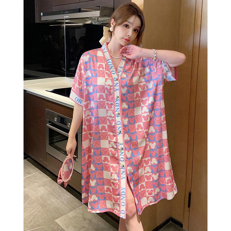 Style High-Value Ice Silk Cardigan V-Neck Pajamas Women'S Summer Short-Sleeved Thin Cool Loungewear Set