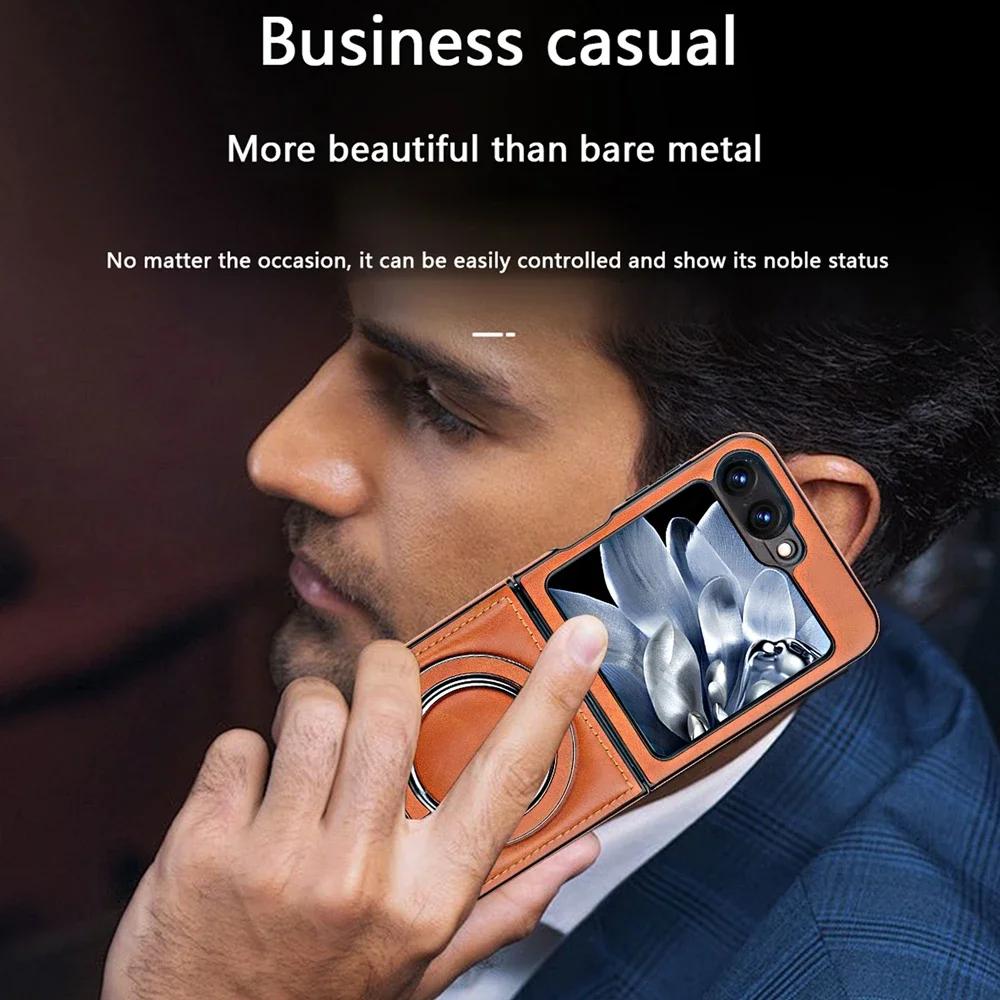 Luxury Leather Phone Case For Samsung Galaxy Z Flip 7 6 5 4 3 5G Magnetic Cover Ring Metal Bracket Shockproof Kickstand Cover