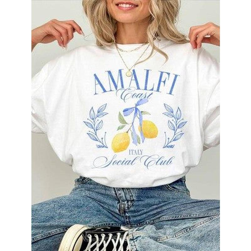 Женская футболка Amalfi Coast Italian Social Club, европейский размер, повседневная, с рисунком лимона и листа, с круглым вырезом, удобная
