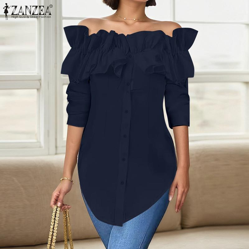 ZANZEA Women Casual Off Shoulder Long Sleeve Plain Blouse