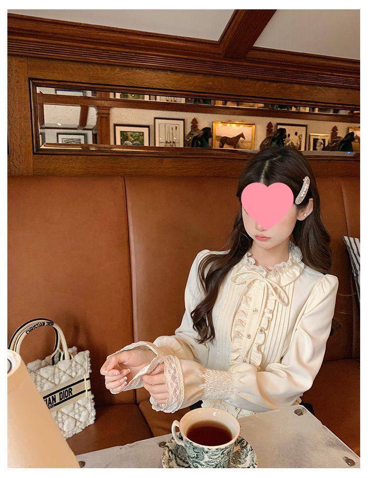 Cream Bagel French Sweet Age-Reducing Lace Ruffle Slimming Blouse - Women's Autumn Court Style Top