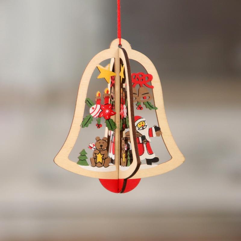 1Pc 2D/3D Christmas Ornament Wooden Hanging Pendants Star Xmas Tree Bell Christmas Decorations