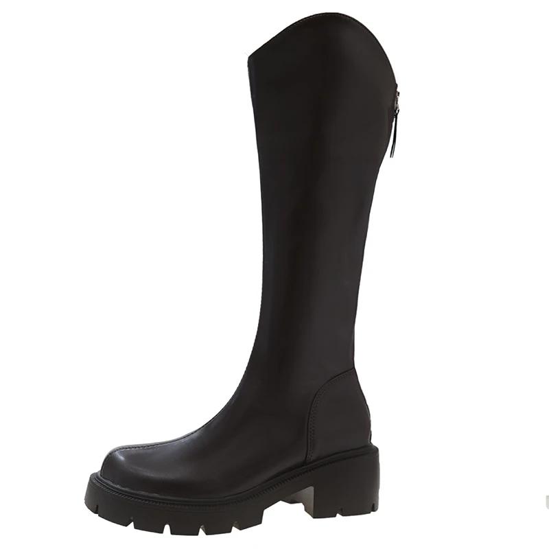 Модные женские сапоги «Челси» на высоком каблуке длиной до колена, зимние туфли на молнии 2024 года, дизайнерские классические туфли из искусственной кожи на платформе, новые удобные женские ботинки