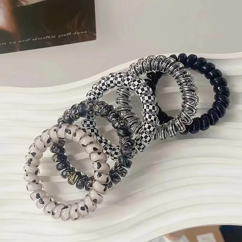 5pcs Set Telephone Cord Scrunchies Spiral Hair Ties Gradient Color Checkered Print Phone Cord Elastic Hair Band Hair Accessories