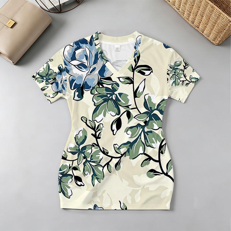 Women's V-Neck Short Sleeve Floral Bodycon Dress Soft Slim Fit Summer Fashion for Casual Vacation