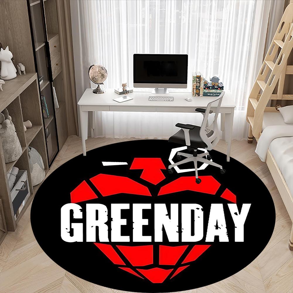 1 шт. Круглый коврик с логотипом группы Greenday для офиса - Идеально подходит для декора офиса или кабинета, Можно стирать в машине, Нескользящая основа, Декоративный коврик для пола