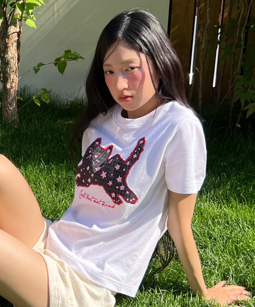 LMR Star Dot Cat Applique Short Sleeve T-Shirt White