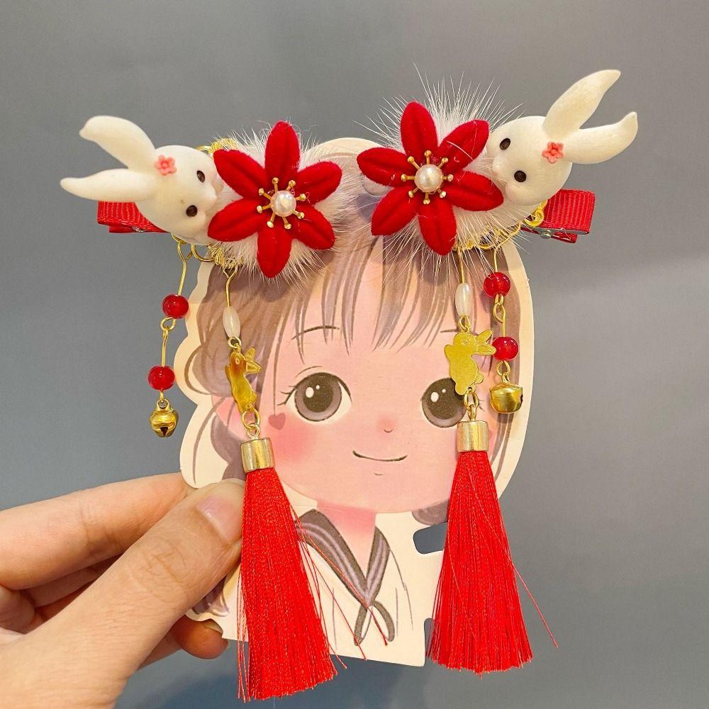 Ancient Girls Velvet Headwear New Year Headdress Kids Barrettes Rabbit Tassel Hair Clips Children Hairpin Hair Accessories