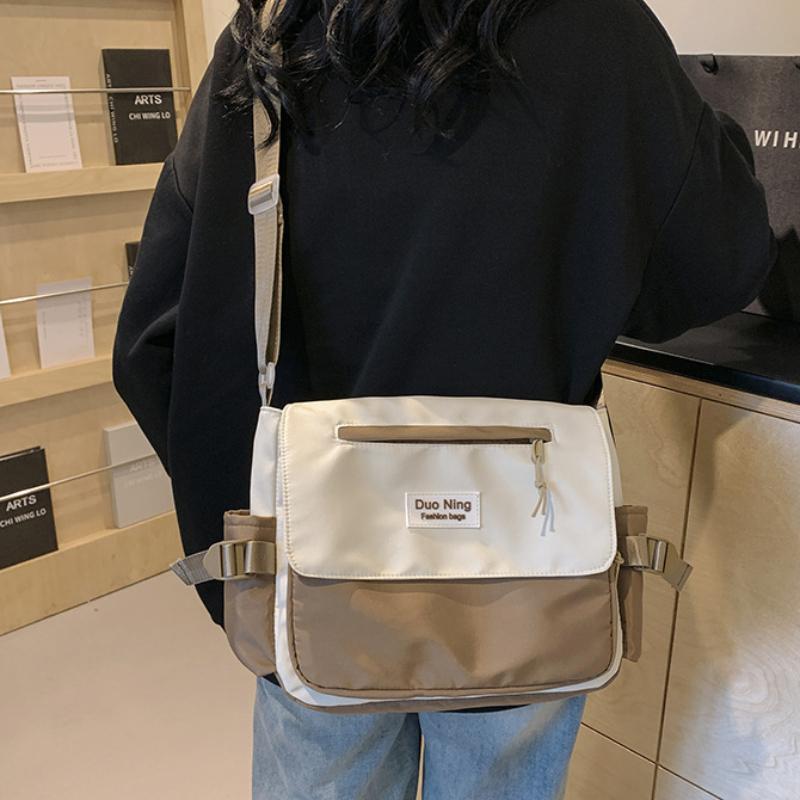 Small Fresh Canvas Color Blocked New Postman Bag Large Capacity Campus Student Trendy Work Commuter Crossbody Bag
