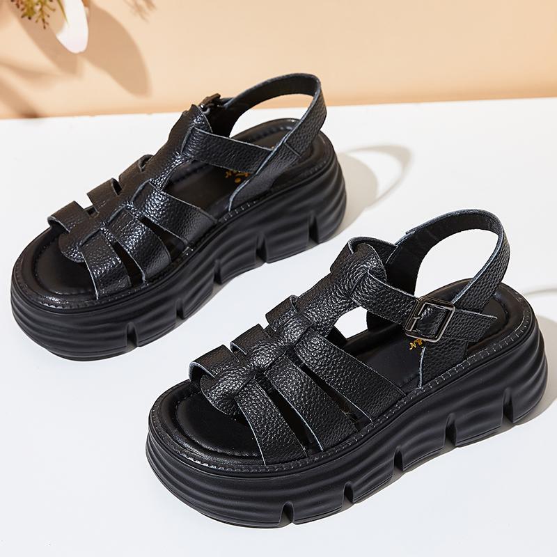 Модные GKTINOO 6см Новые Женские Сандалии С Пряжкой Шлепанцы Коровья Натуральная Кожа Летняя Мода Платформа Танкетка Роскошные Женские Удобные Женские Туфли