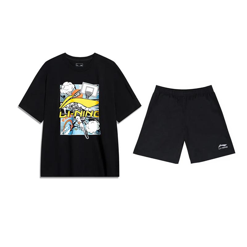 Li-Ning Cartoon Large Logo Print Fashion Cool Summer Versatile Round Neck Pullover Short Sleeve T-Shirt Casual Sports Set AHSU805-1+YKSV147-2