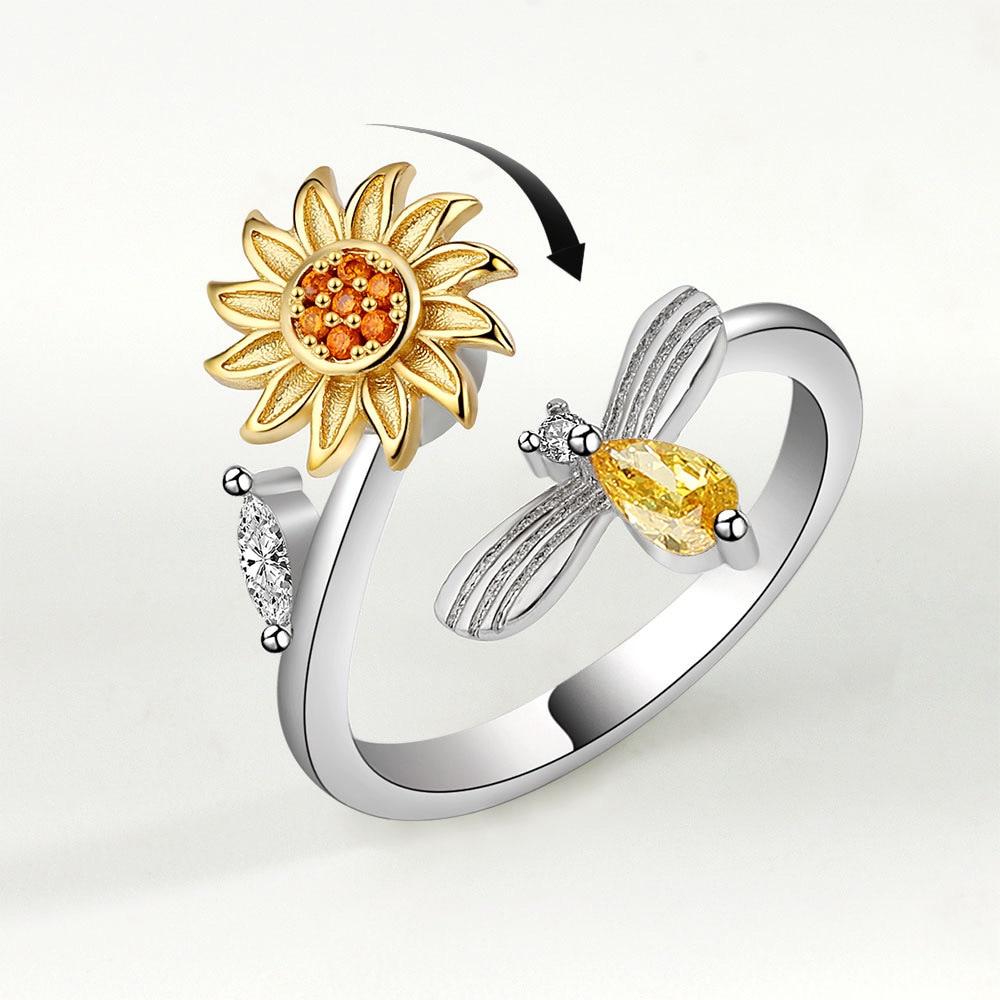 Sunflower Stress Relief Spinner Ring Adjustable Open Ring Anxiety Relief Fidget Toy Unisex Fashion Jewelry