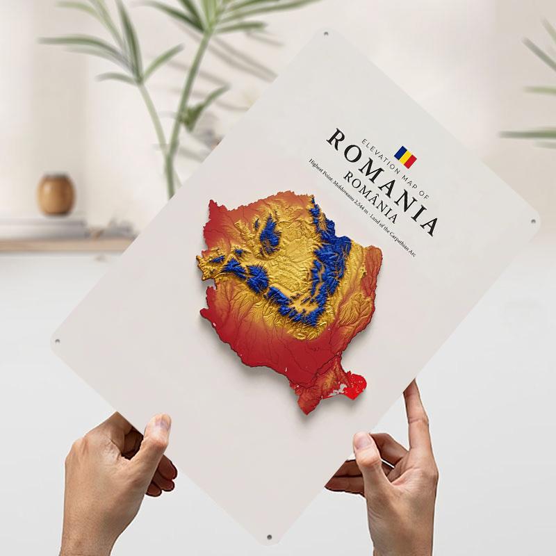 Elevation Map of Romania D Printed Texture Poster Personalized Wall Art Retro Metal Tin Signs for Home Decor Office Decoration