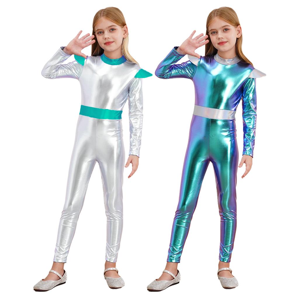 Girls Alien Cosplay Costume Space Astronaut Robot Jumpsuit Long Sleeve Shiny Metallic Bodysuit For Halloween Christmas Dress Up