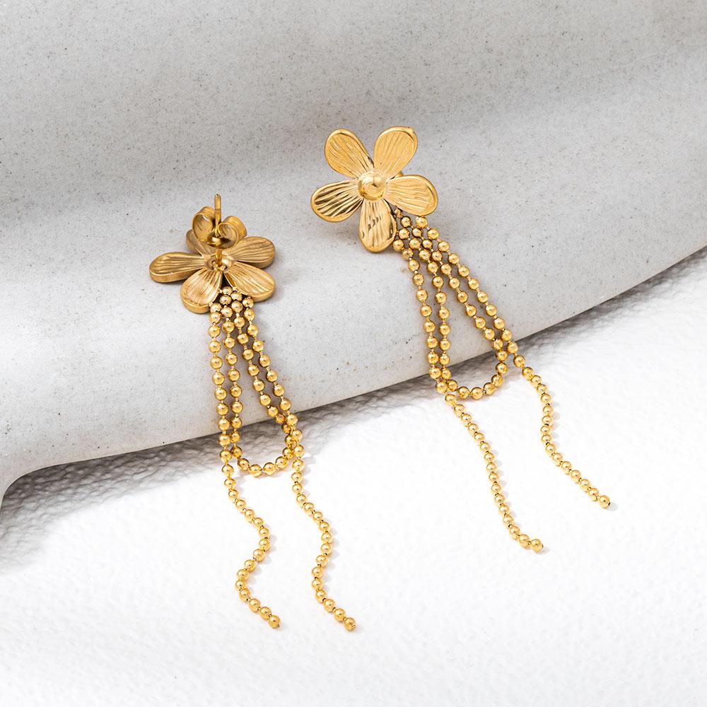 Joolim 18K Gold Plated Waterproof Fashion Elegant Sweety Flower Tassel Chain Hoop Earring Stainless Steel Jewelry