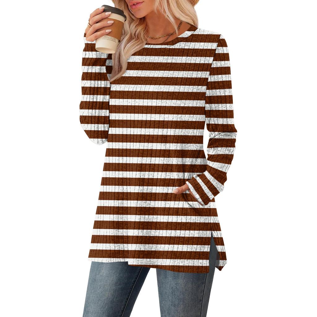 Women's Striped Printed Round-neck Long-sleeved Top With Pockets And Side Slits