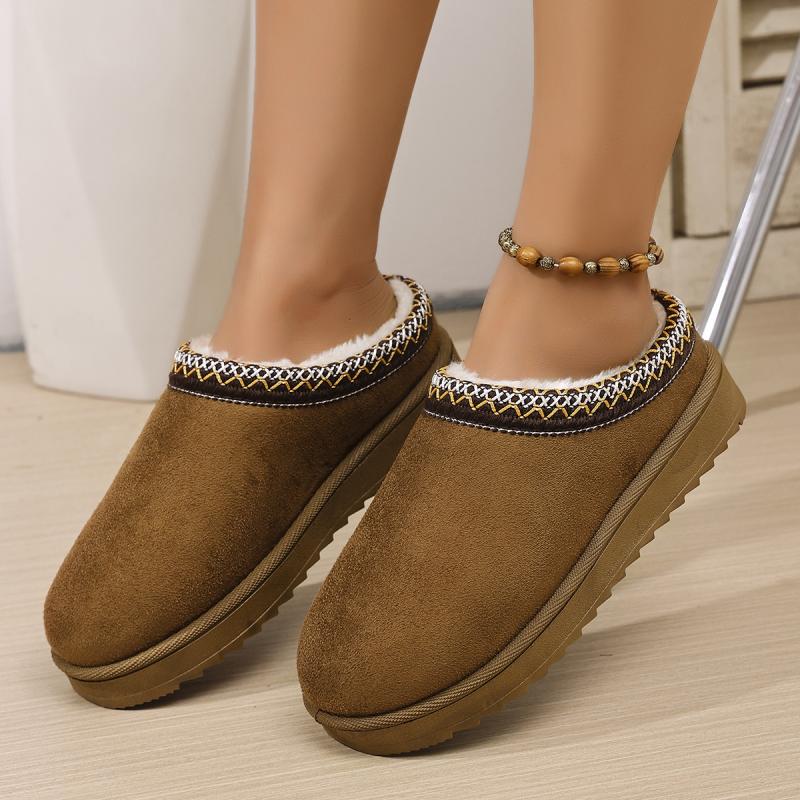 Модные этнические геометрические вышитые хлопковые шлепанцы с закрытым носком для женщин 2025, зимние теплые комнатные тапочки на плоской подошве из короткого плюша