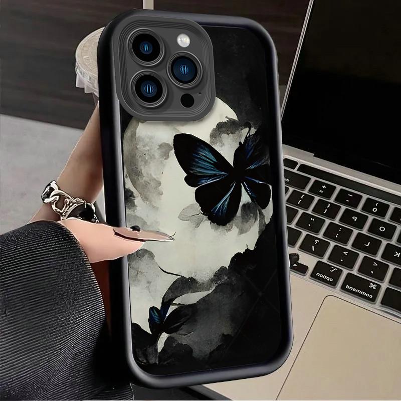 Moon Blue Butterfly Printed Fashion Case Flexible Soft Silicone TPU Shell Full Back Cover for iPhone Samsung
