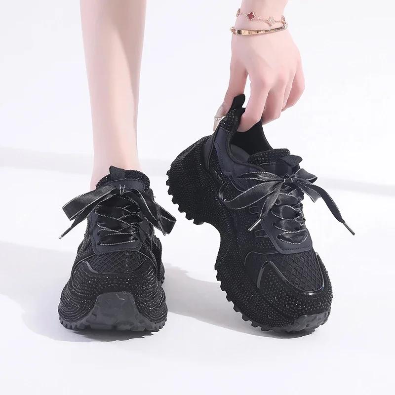 Мода 7см Летние Роскошные Дизайнерские Женские Кроссовки Daddy со Стразами Толстая Подошва Сетка Розовые Милые Женские Тенниски на Платформе Весна