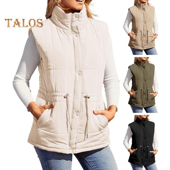 Winter Women Vest Coat Thickened Padded Button Closure Stand Up Collar Sleeveless Solid Color Drawstring Tight Waist Windproof Heat Retention Outdoor