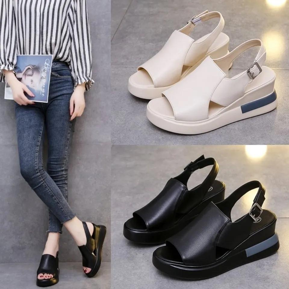 WTEMPO Summer Wedge Shoes for Women Sandals Solid Color Open Toe High Heels Casual Ladies Buckle Strap Fashion Female Sandals