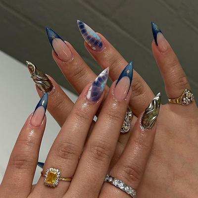 24 шт. 3D золотой рельефный накладной ноготь французский крокодиловый узор маникюр короткие миндальные постепенные изменения размазывание накладные ногти