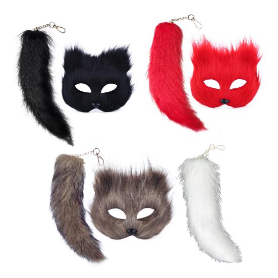 2 шт./компл., комплект с лисьим хвостом для девочек, пушистая маска, длинный лисьий хвост, комплект из искусственного меха, Хэллоуин, кошачий хвост, косплей, комплект с лисьим и волчьим хвостом