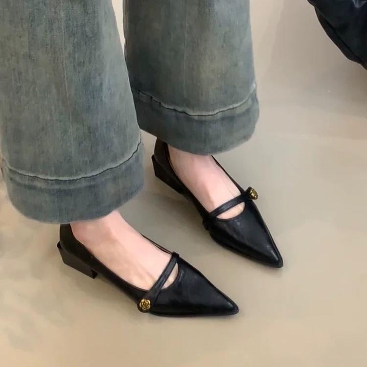 Fashion Sharp Pointed Mid Heeled Mary Jane High Heels, Women's Shallow Shoes, One Button Thick Heels Women Shoes Heels