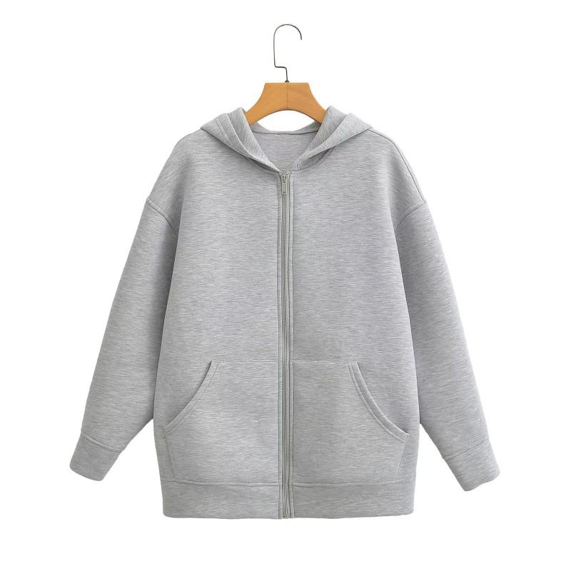 Womens Gray Oversized Hooded Sweatshirt Casual Loose Fit Zip-Up Jacket Streetwear Style