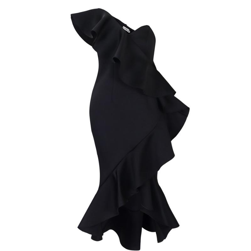 Женская мода Темперамент Диагональный вырез горловины оборками вечерняя юбка рыбий хвост Темперамент платье