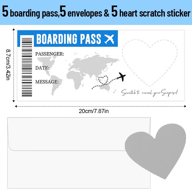 5Sheets Boarding Pass Scratch Off Game Card with Envelope DIY Surprise Gift for Wedding Birthday Party Christmas Travel Tickets