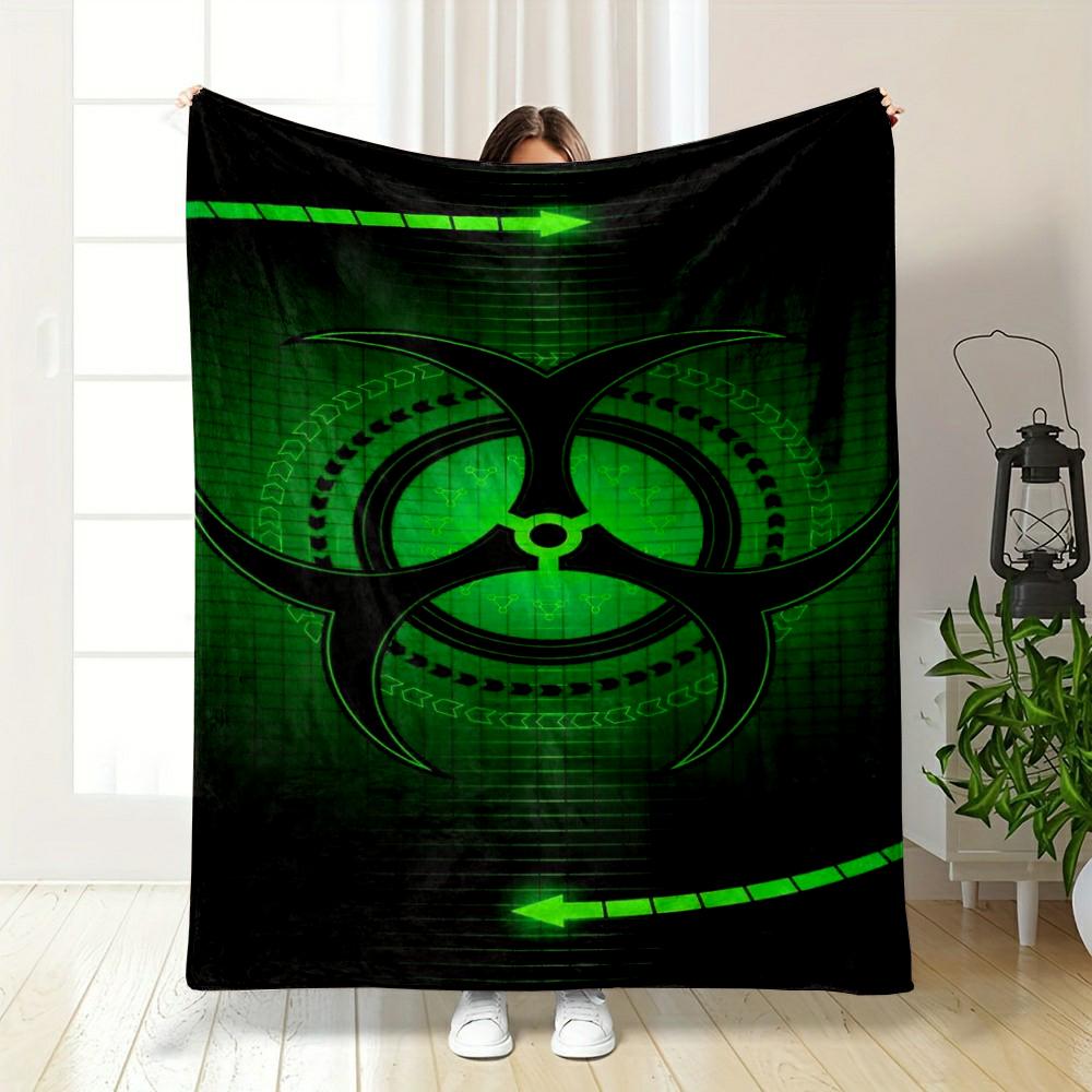 "Green Biohazard Symbol with Futuristic Design" Flannel blanket for bedroom, living room, sofa, and nap sofas.